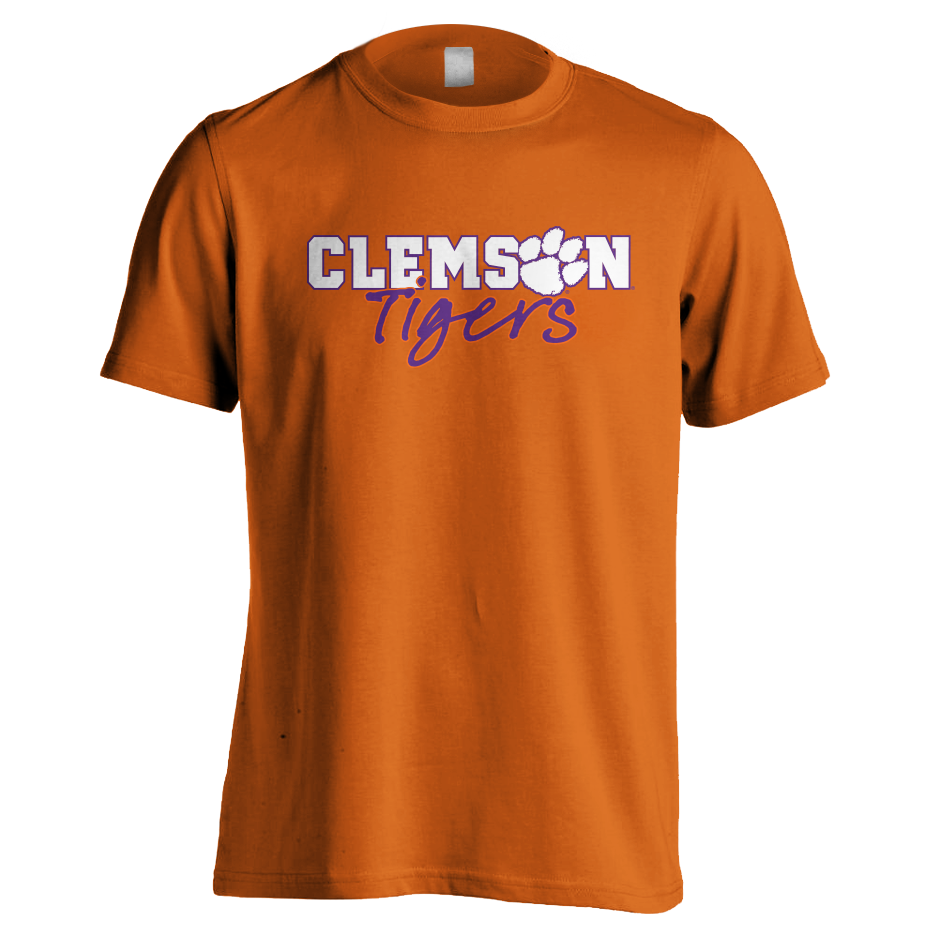 Clemson Tigers White and Purple Scripted Tee - Orange