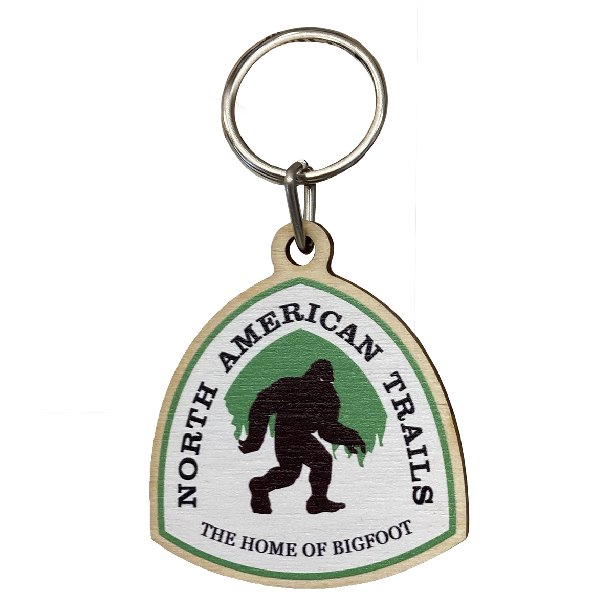 The Great Outdoors Home of Bigfoot Badge Wooden Keychain