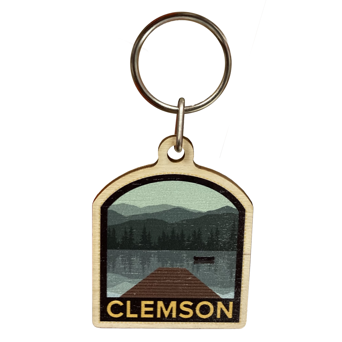 The Great Outdoors Clemson Lake with Canoe Patch Wooden Keychain