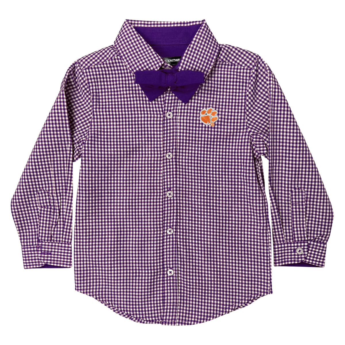 Clemson Purple Long Sleeve Gingham Button Down Shirt with Bowtie and Paw - Infant/Toddler - Youth