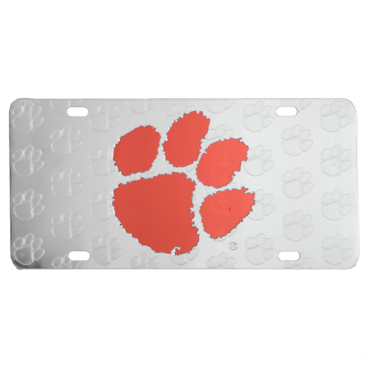 Car Tag Laser Cut Silver With Orange Paw &amp; All Over Etched Paws