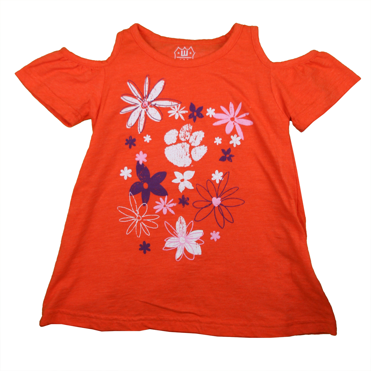 Clemson Tiger Flowers and Paw Open Shoulder Tee (Toddler)