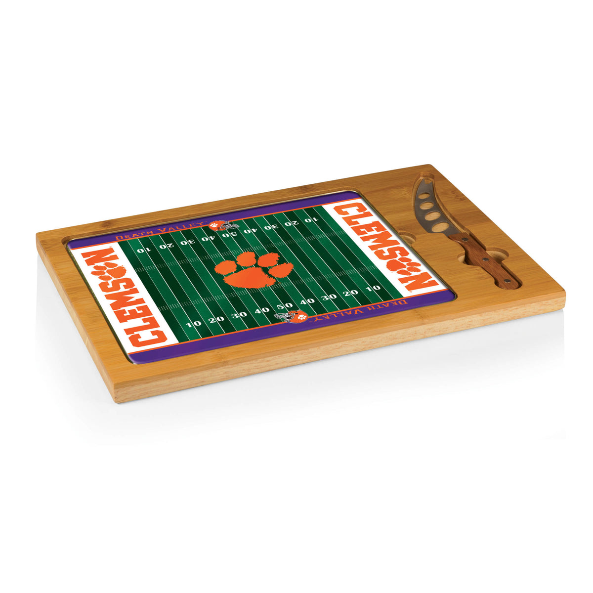 Clemson Tigers - Football Field - Icon Glass Top Cutting Board &amp; Knife Set, (Parawood &amp; Bamboo) | Online Exclusive