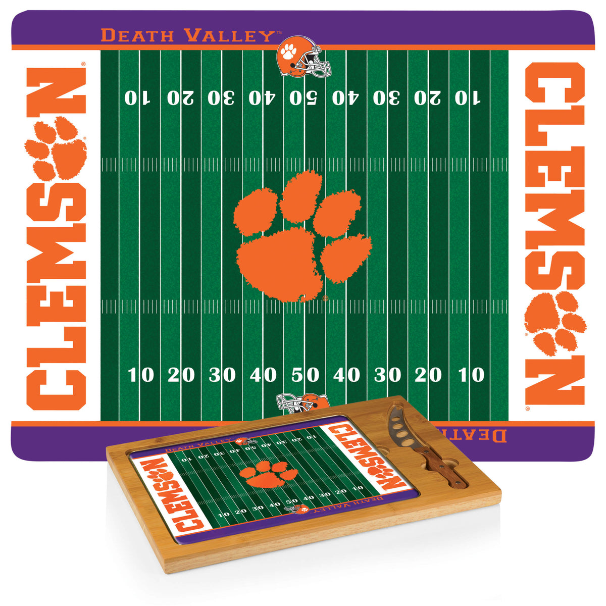 Clemson Tigers - Football Field - Icon Glass Top Cutting Board &amp; Knife Set, (Parawood &amp; Bamboo) | Online Exclusive