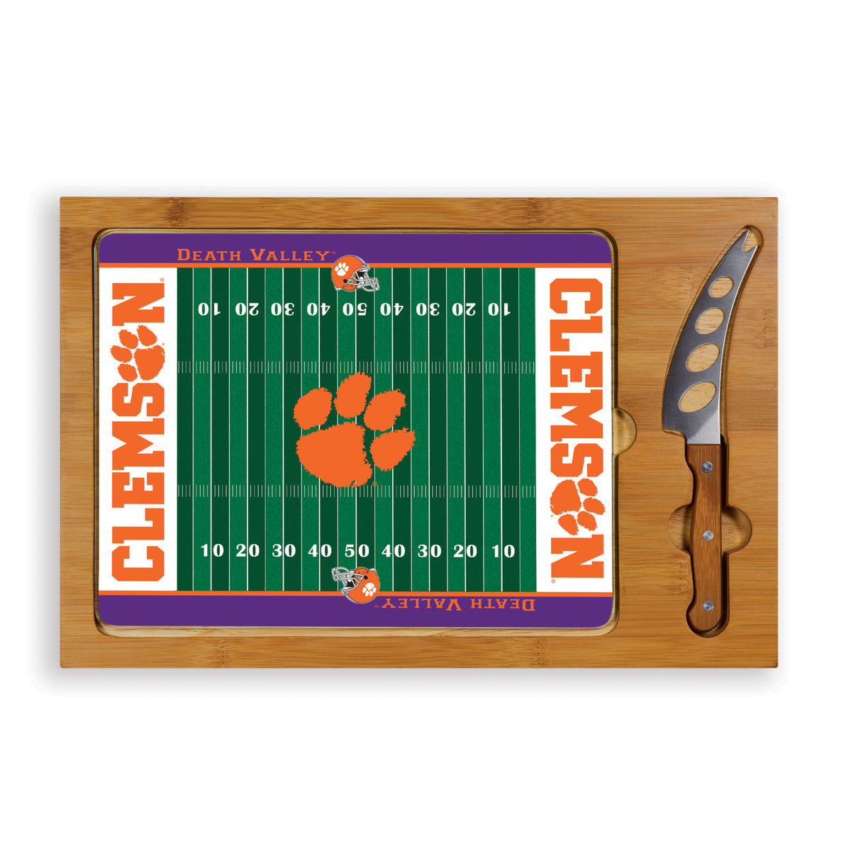 Clemson Tigers - Football Field - Icon Glass Top Cutting Board &amp; Knife Set, (Parawood &amp; Bamboo) | Online Exclusive