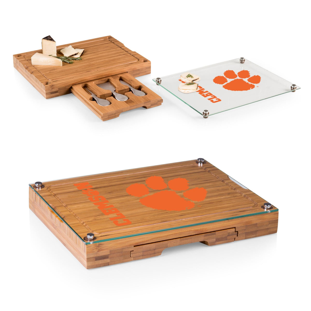 Clemson Tigers - Concerto Glass Top Cheese Cutting Board &amp; Tools Set, (Bamboo) | Online Exclusive