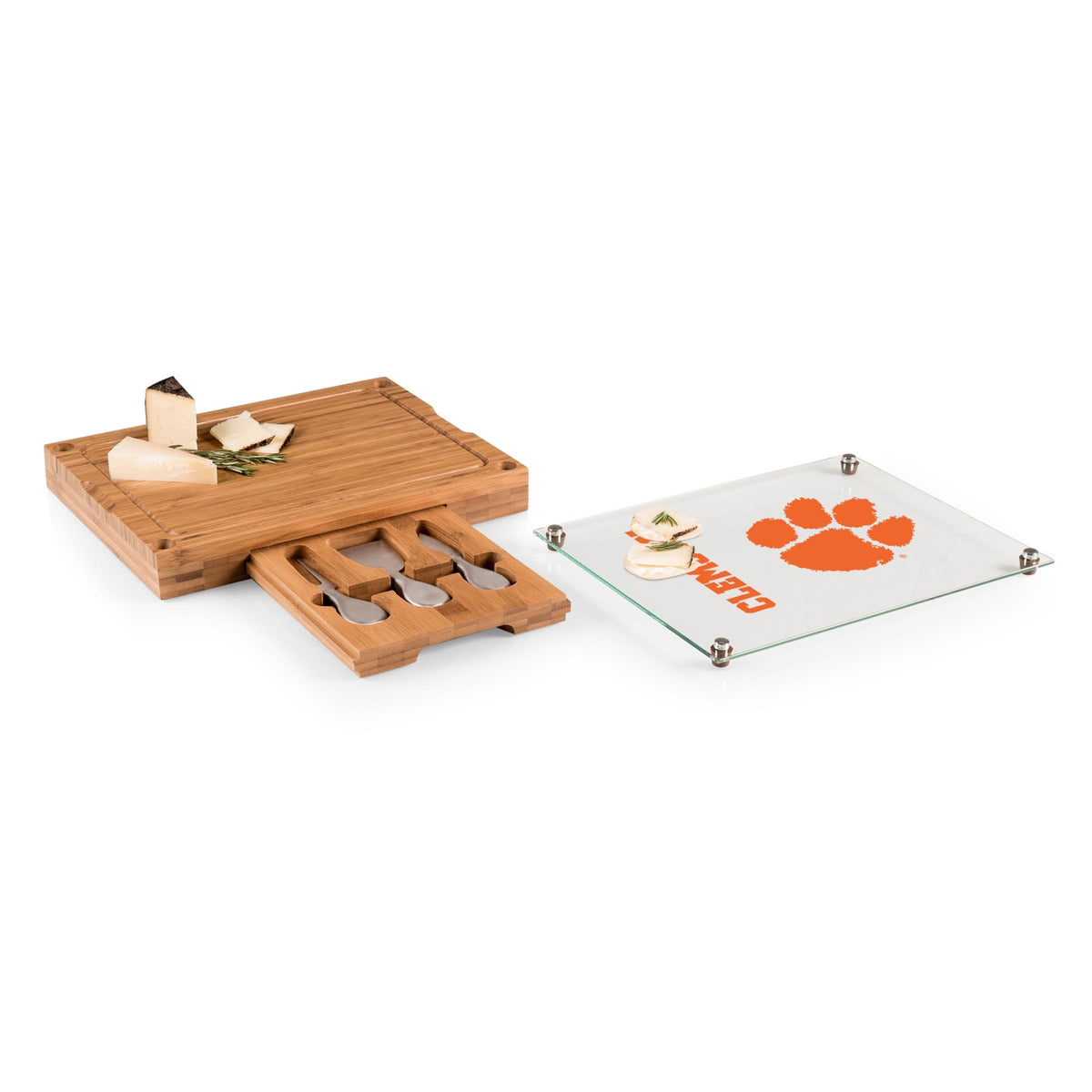 Clemson Tigers - Concerto Glass Top Cheese Cutting Board &amp; Tools Set, (Bamboo) | Online Exclusive