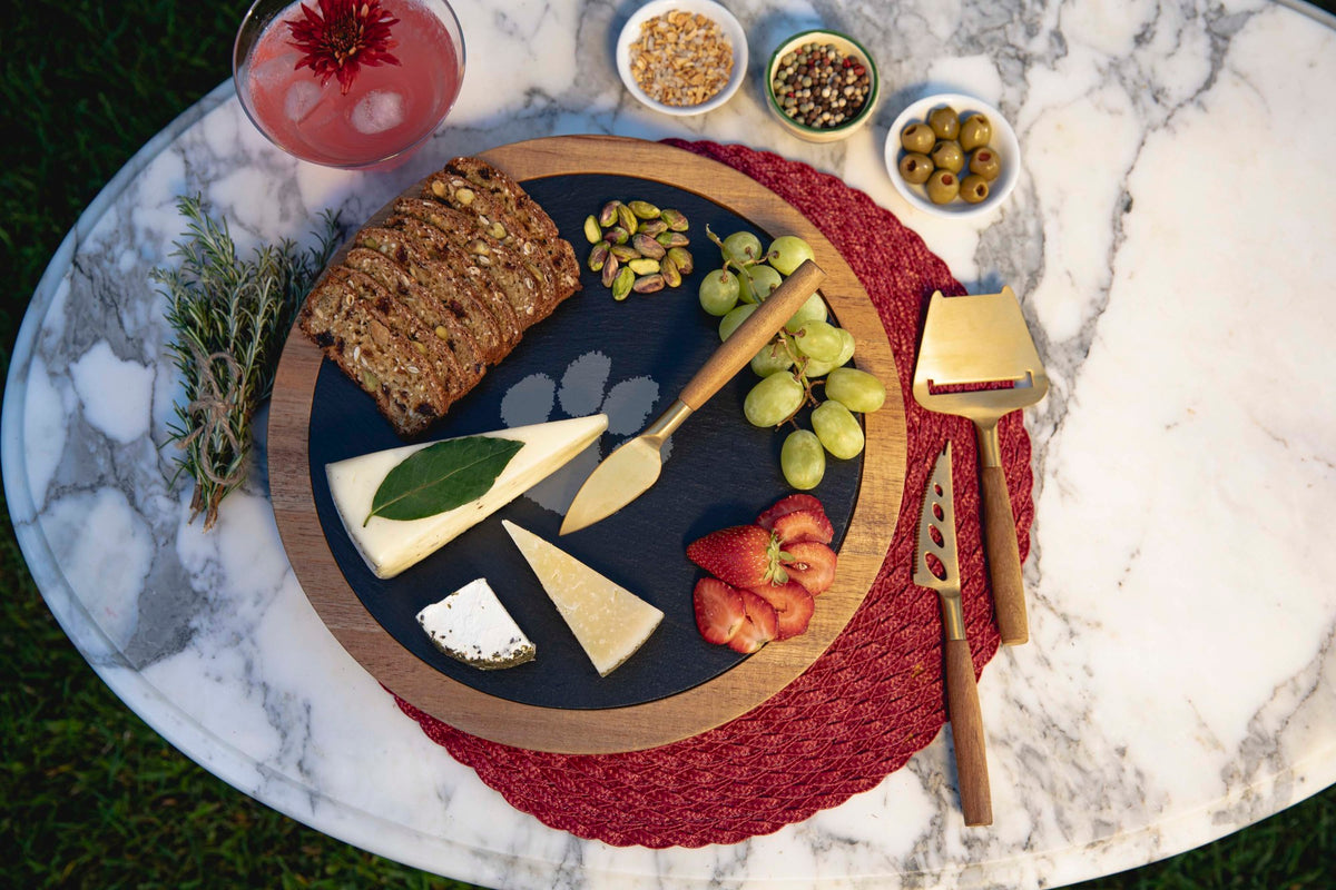 Clemson Tigers - Insignia Acacia and Slate Serving Board with Cheese Tools, (Acacia Wood &amp; Slate Black with Gold Accents) | Online Exclusive