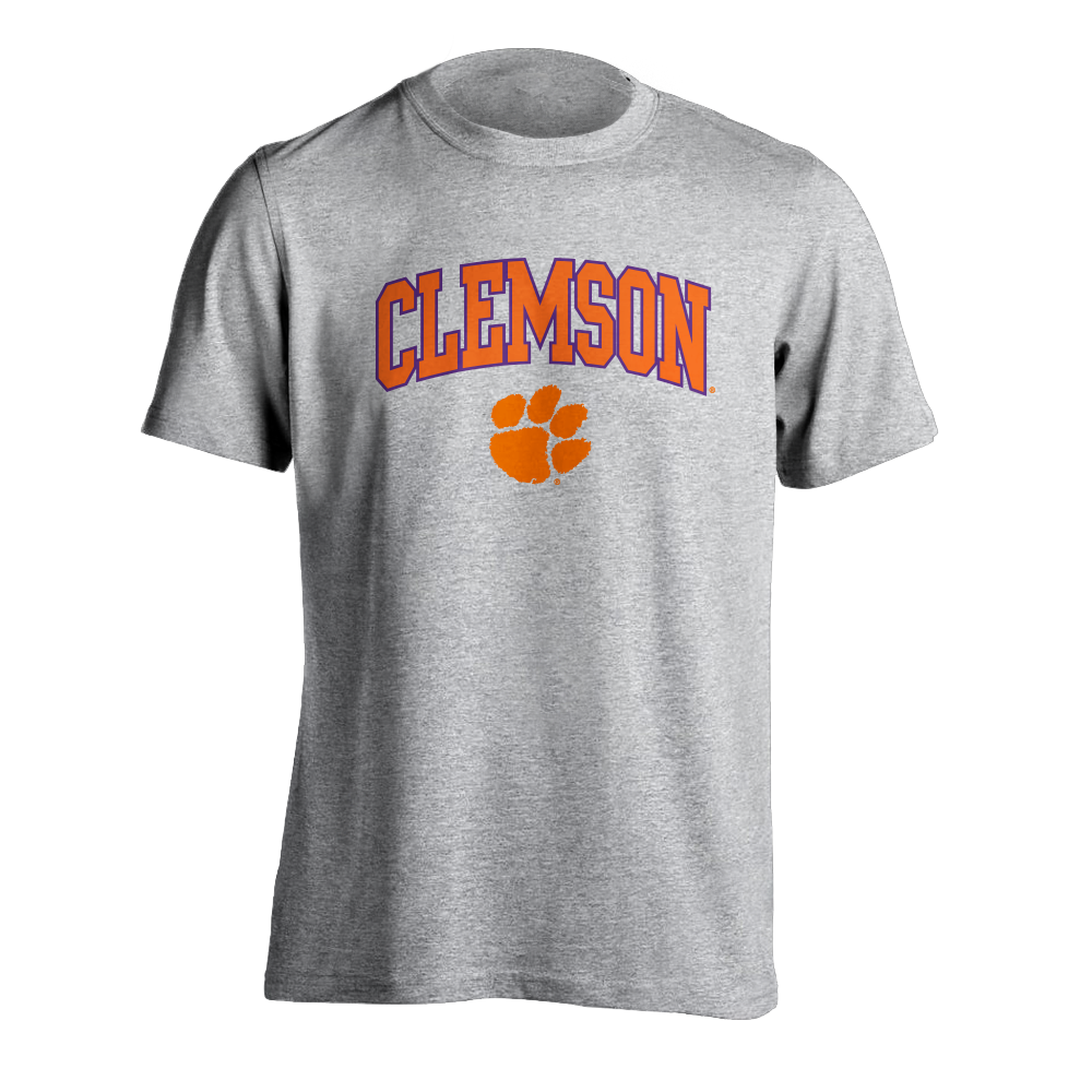 Clemson Orange and Purple Arch and Paw Tee - Grey
