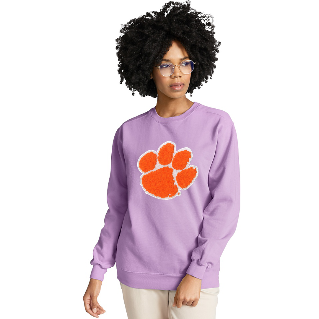 Clemson Chenille Crew Tiger Paw | MRK Exclusive - Comfort Color - Orchid