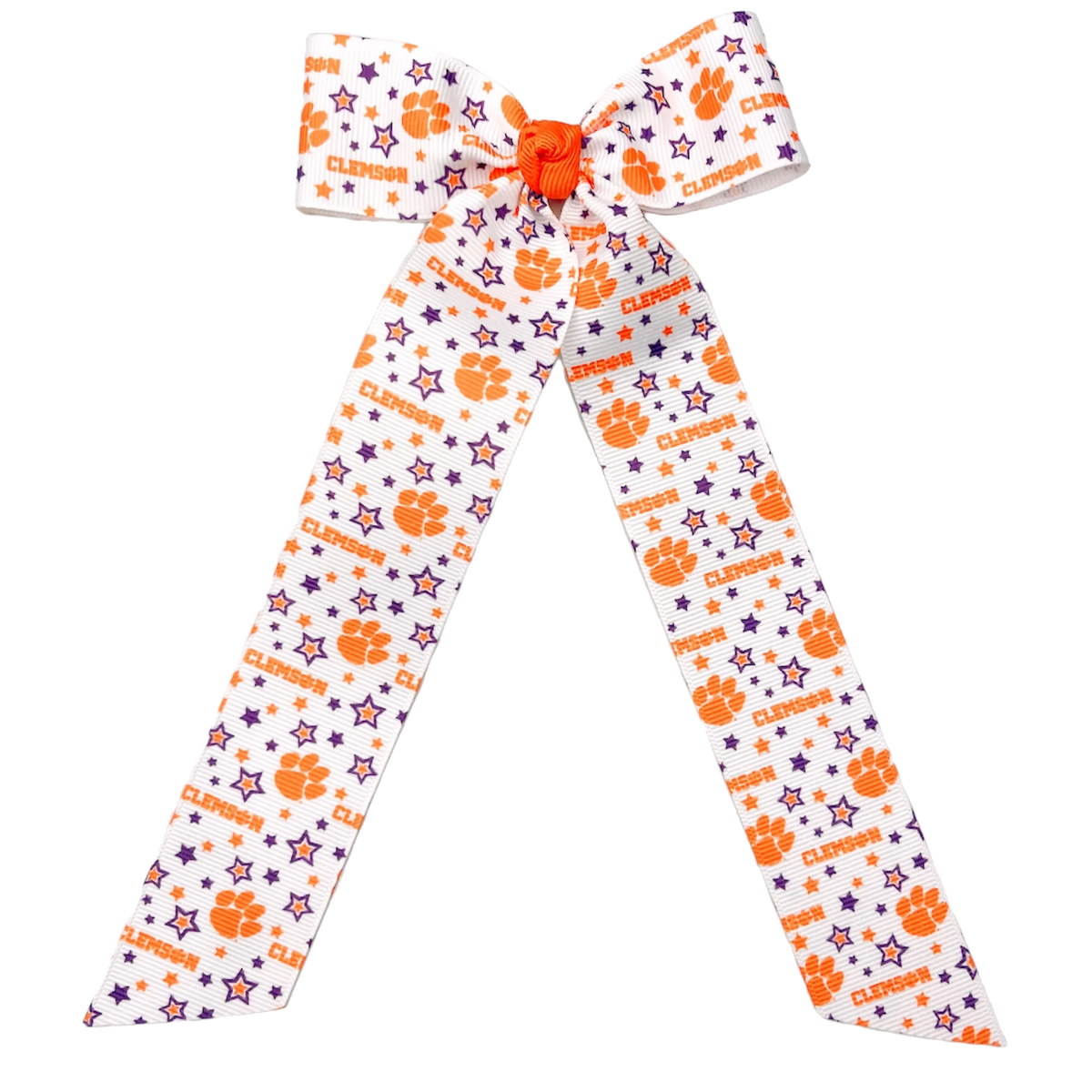 Clemson College Star Print Bow - Medium with 9 1/2&quot; Streamer Tails Hair Clip