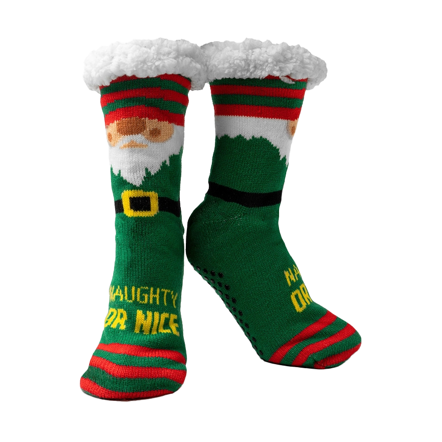 Super Soft Novelty Plush Lining Slipper Socks - Elf Naughty or Nice