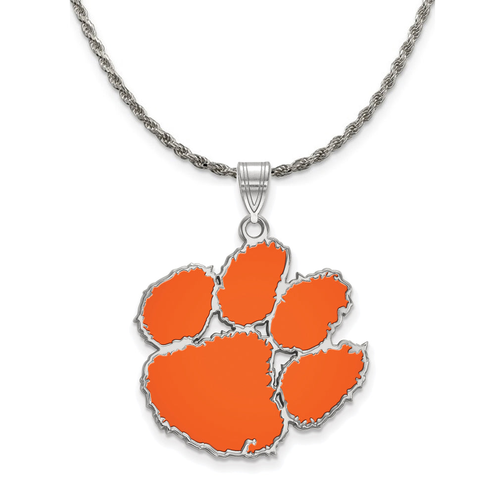 Sterling Silver Clemson U XL Enamel Pendant Necklace