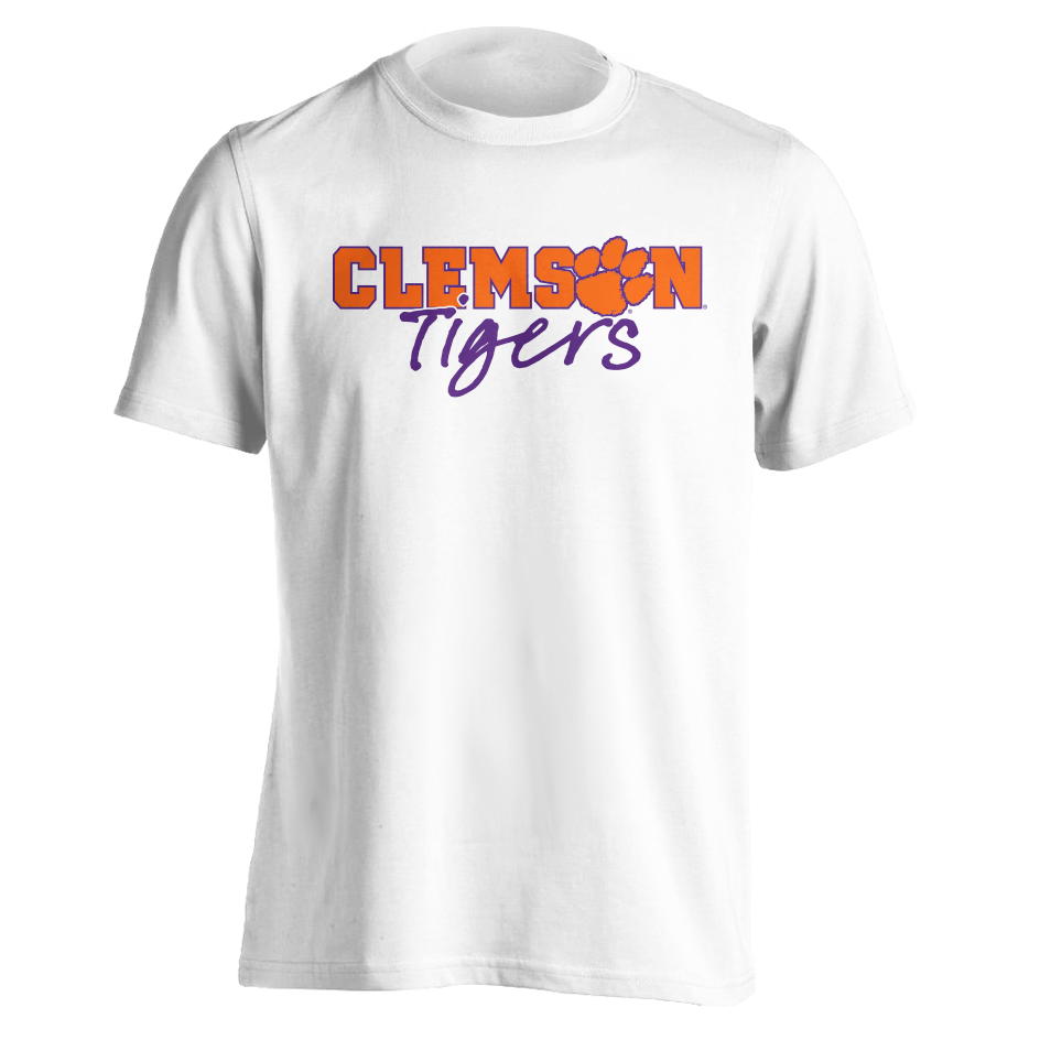Clemson Tigers Orange and Purple Scripted Tee - White