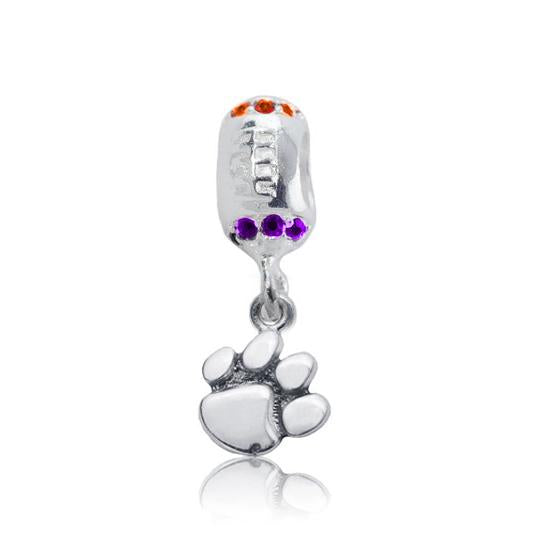 Orange and Purple Rhinestone Football Charm Bead - Paw