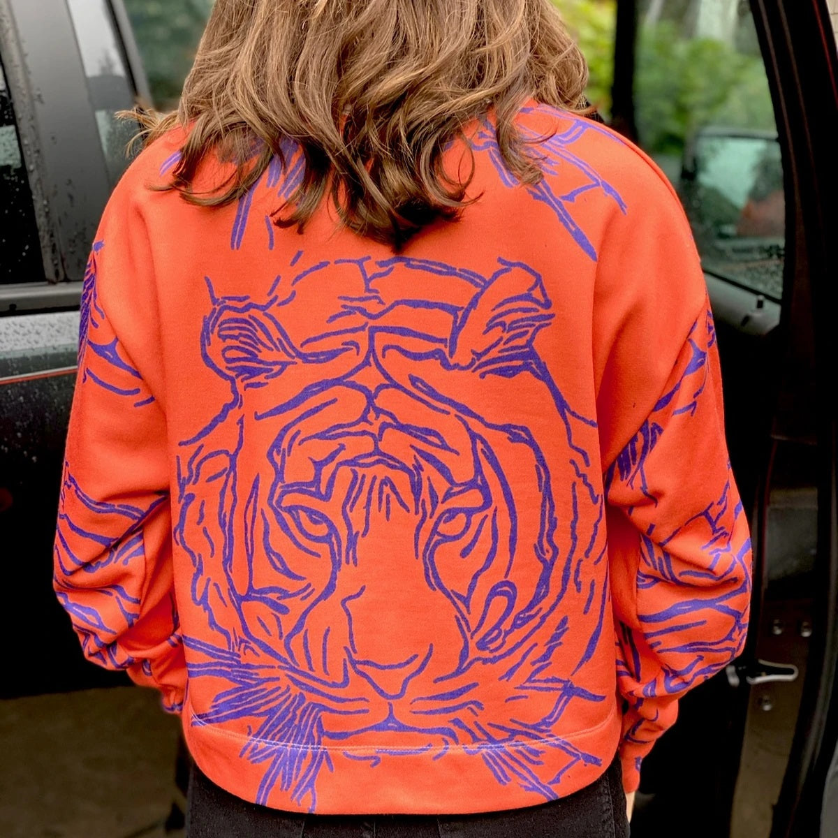 Karen Alley Orange Cropped Shirt with Purple Tiger Print