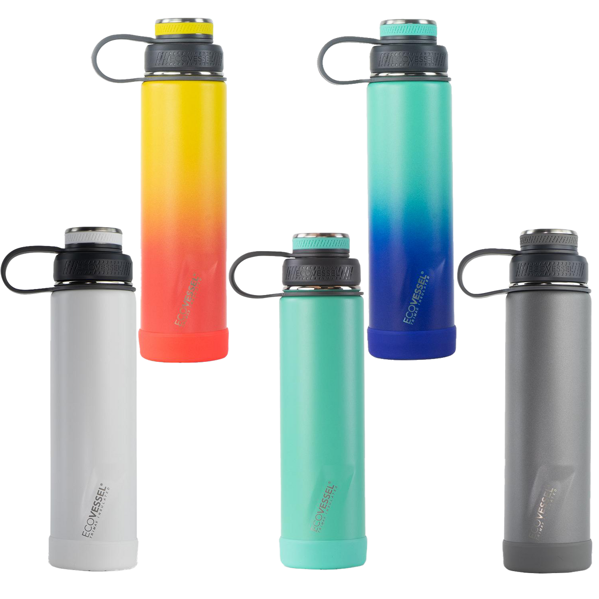 EcoVessel Insulated Stainless Steel Water Bottle Dual Lid Strainer Bumper  20 oz