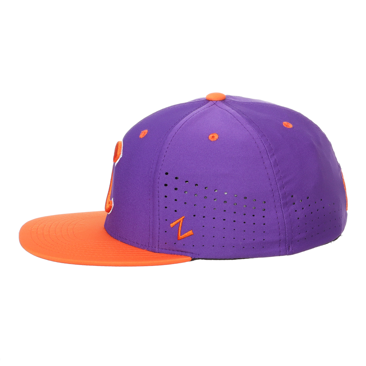Clemson Hyper-Cool Purple Crown with Orange Bill Flex Stretch Fitted Hat with Baseball C in Purple