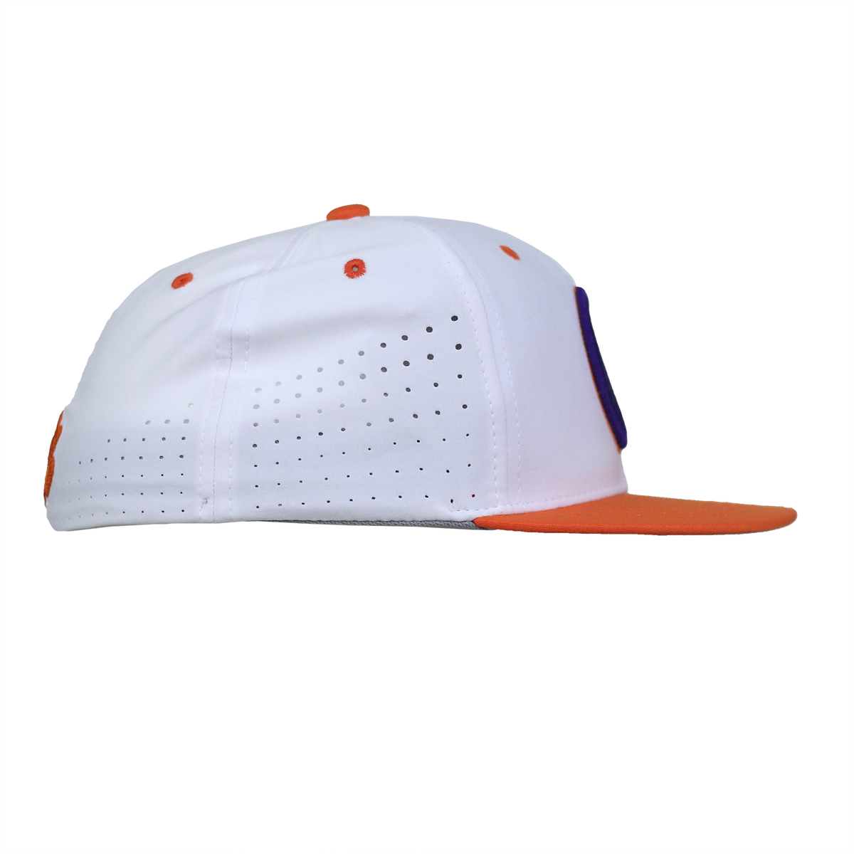 Clemson Hyper-Cool White Crown with Orange Bill Flex Stretch Fitted Hat with Baseball C in Purple