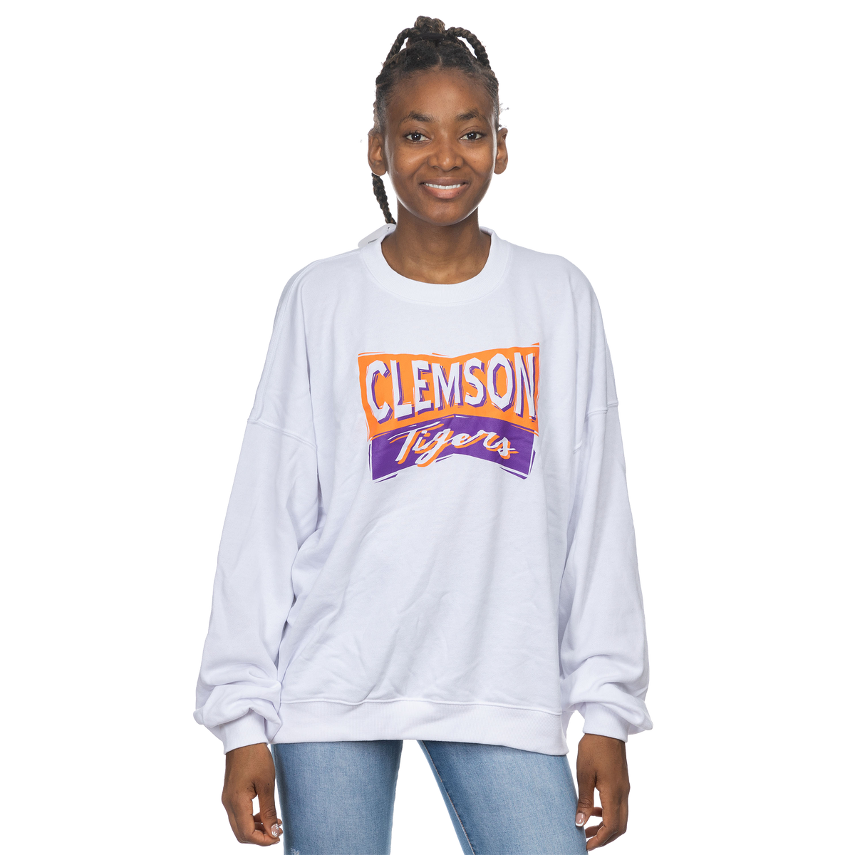 Clemson Oversized White Solid French Terry Crew with Orange, White and Purple Print