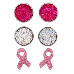 12mm Hot Pink Sparkles/Crystal/Breast Cancer Ribbon Earrings
