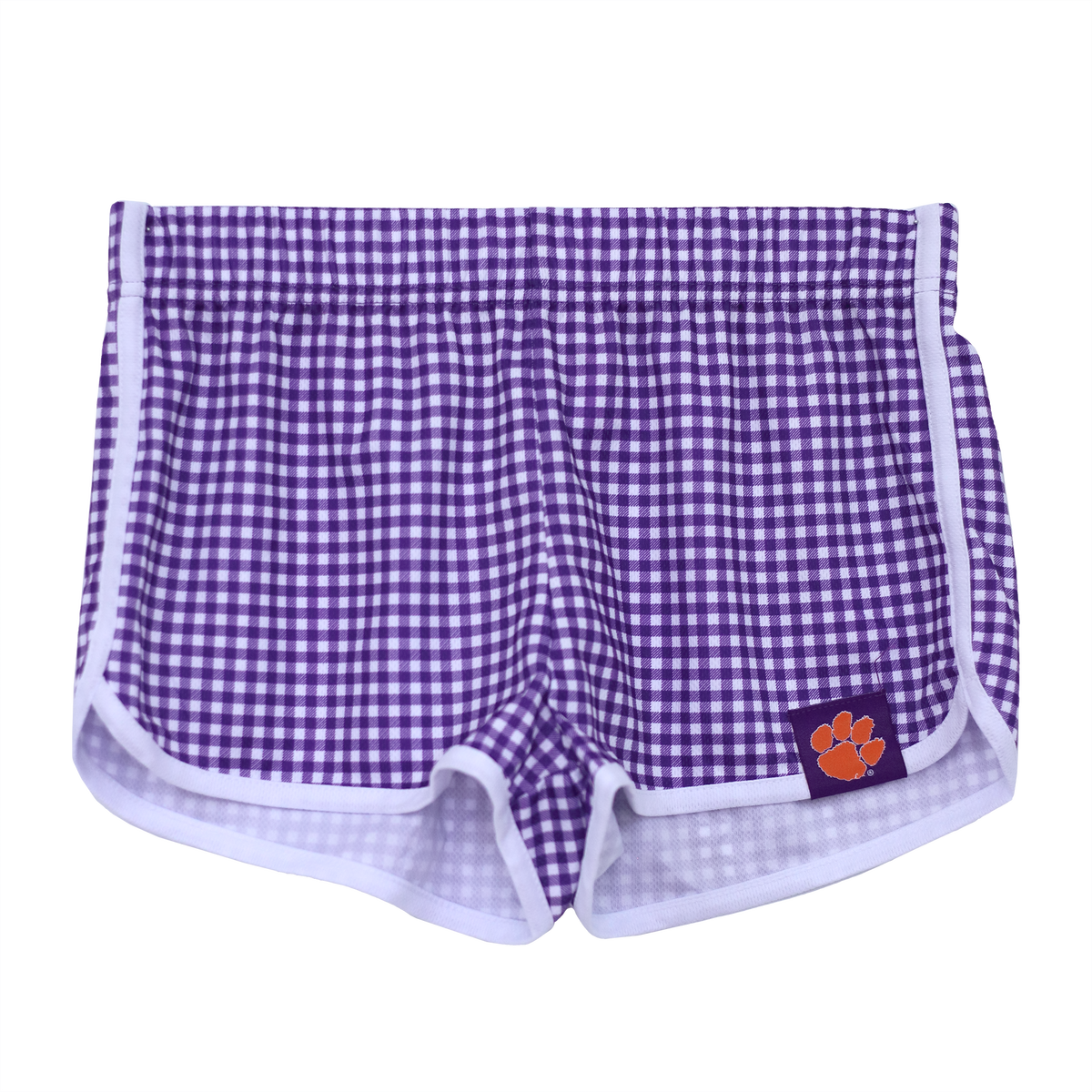 Clemson Purple Gingham Shorts with Orange Paw Woven Tag