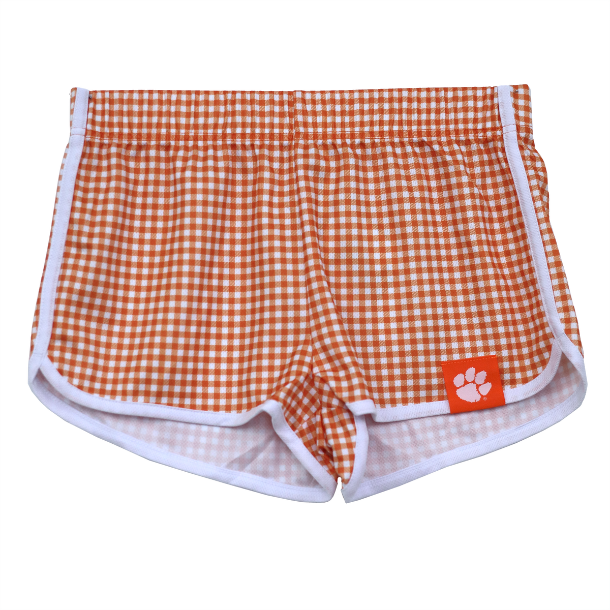 Clemson Orange Gingham Shorts with White Paw Woven Tag