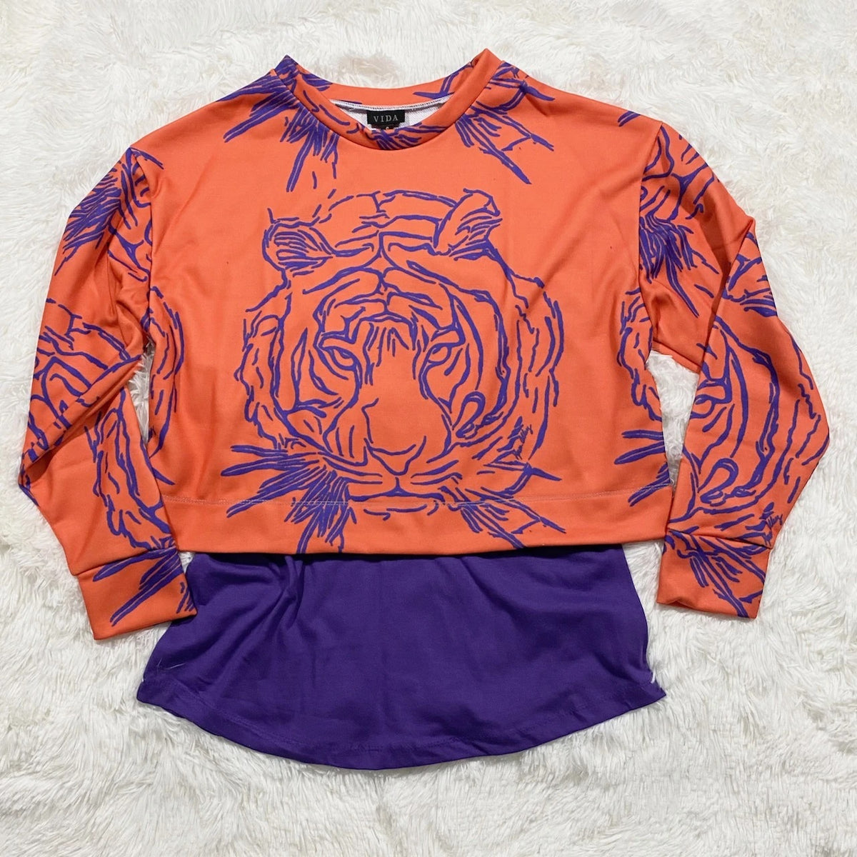 Karen Alley Orange Cropped Shirt Tiger Print with Mr. Knickerbocker Purple 