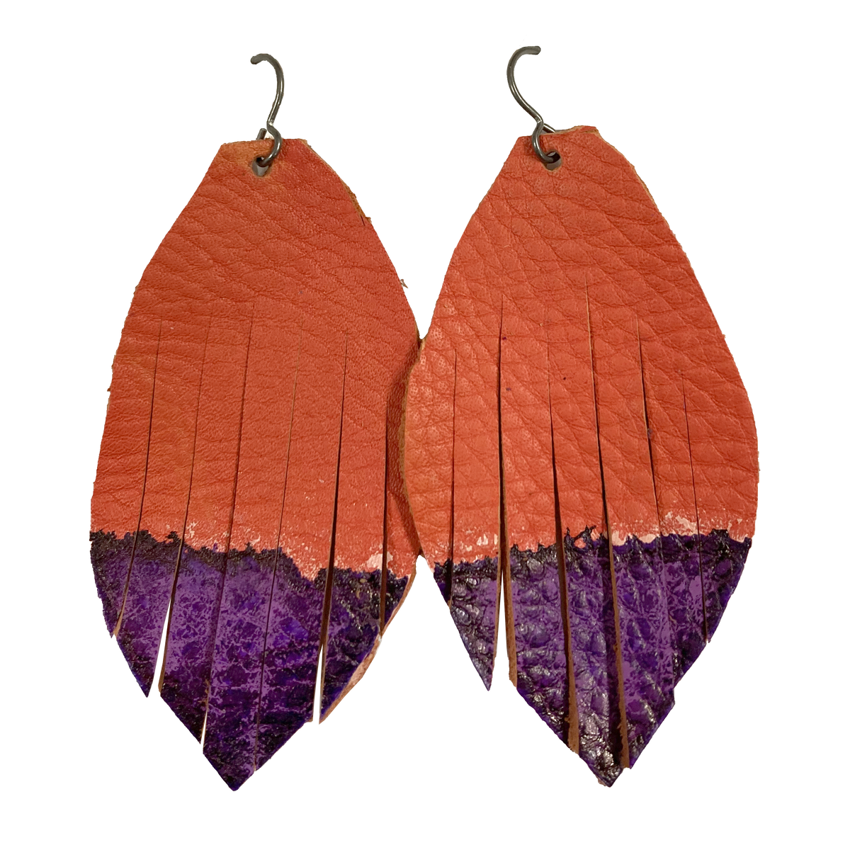 Old Money Orange Genuine Leather Feather Earrings with Purple Tips.