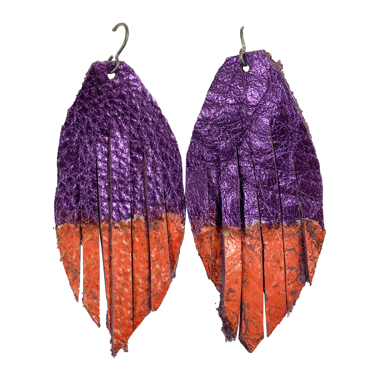Old Money Purple Genuine Leather Feather Earrings with Orange Tips.