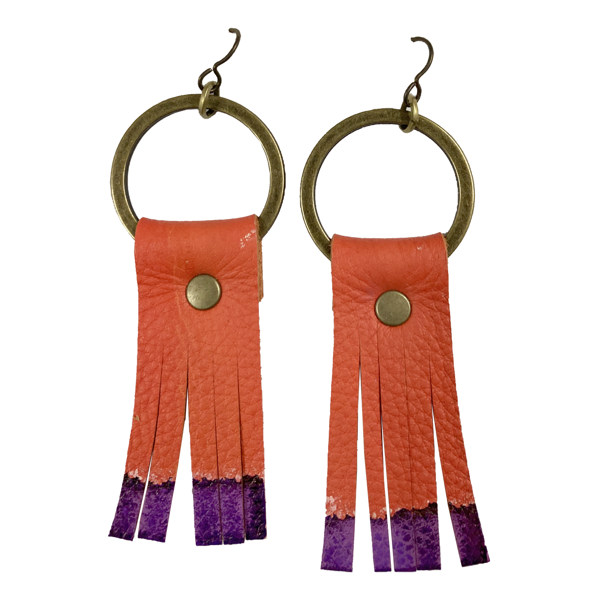 Old Money Orange Genuine Leather Tassel Earrings with Purple Tips.