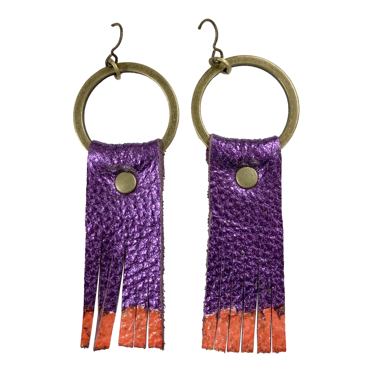 Old Money Purple Genuine Leather Tassel Earrings with Orange Tips.