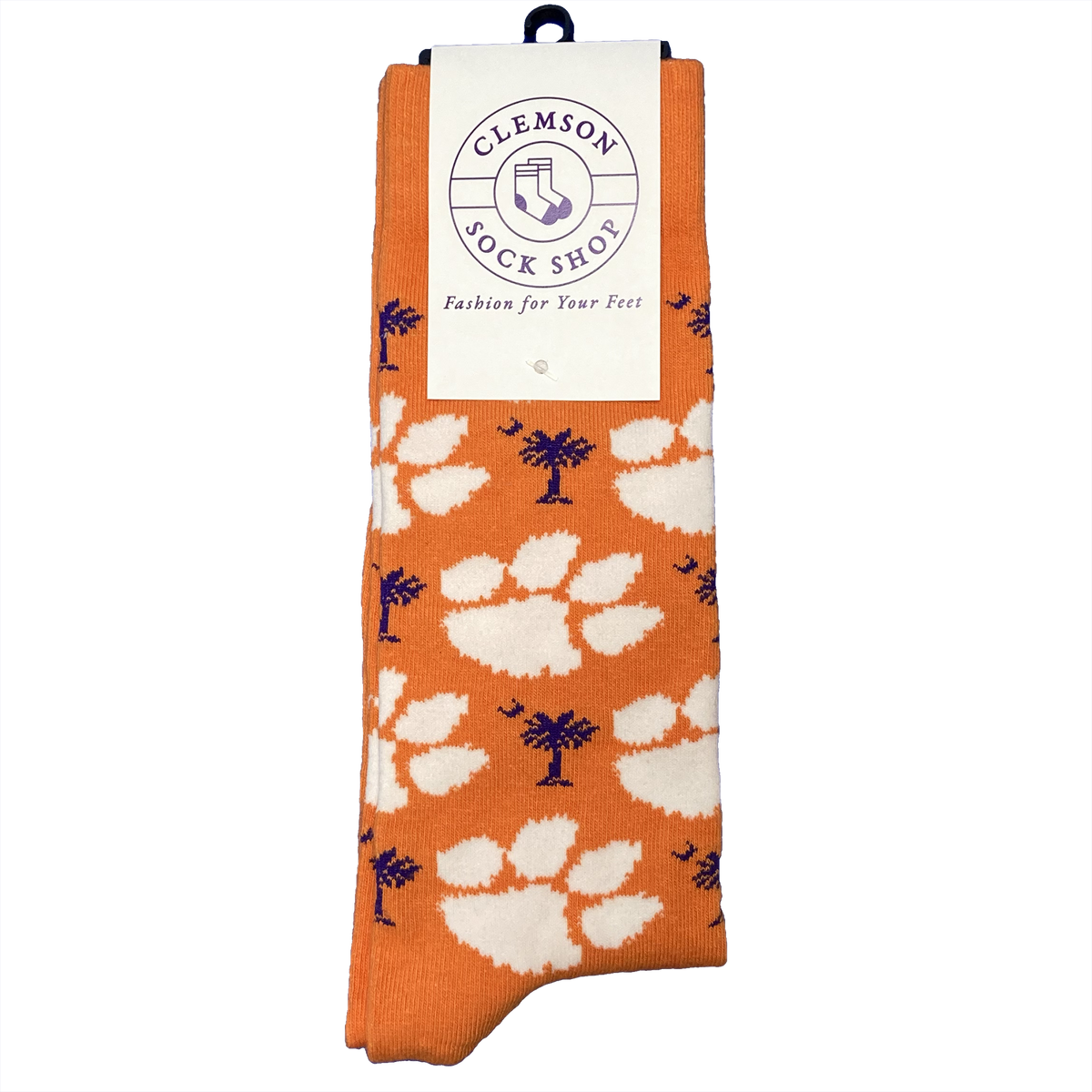 Clemson Orange Socks with White Paw and Palmetto