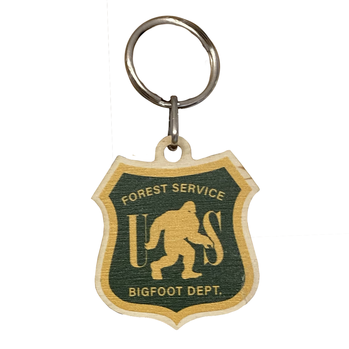 The Great Outdoors Bigfoot Dept Badge Wooden Keychain
