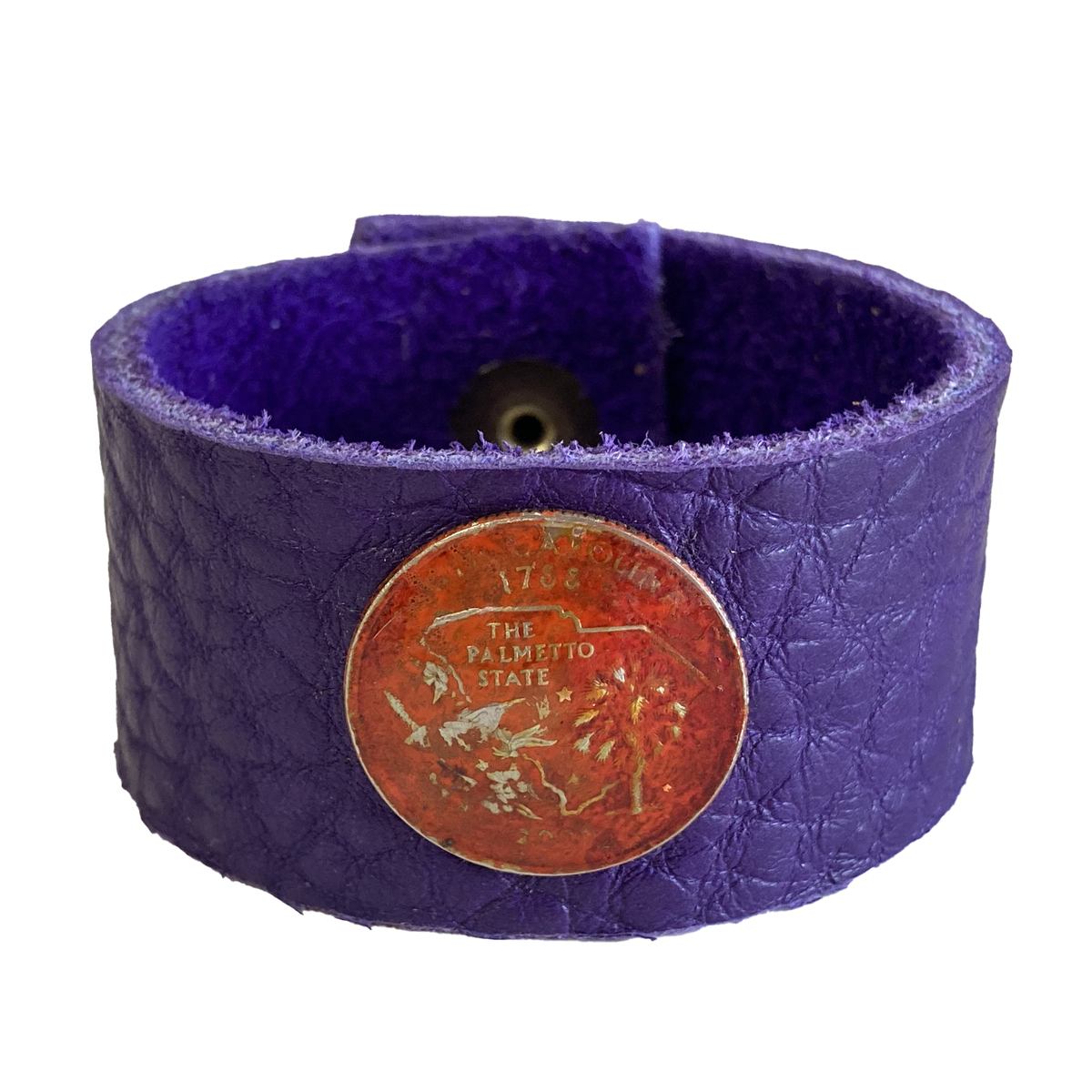 Old Money Genuine Leather Purple Wide Textured Bracelet with State Coin in Orange