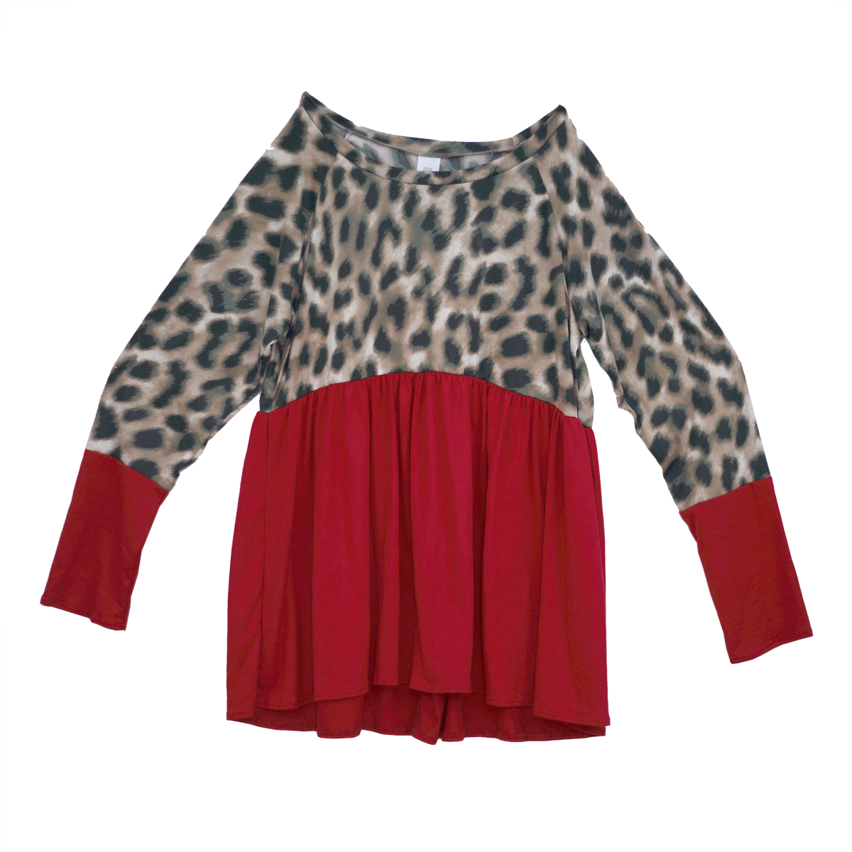 Long Sleeve Two Tone Leopard Top with Red Layer Ruffle