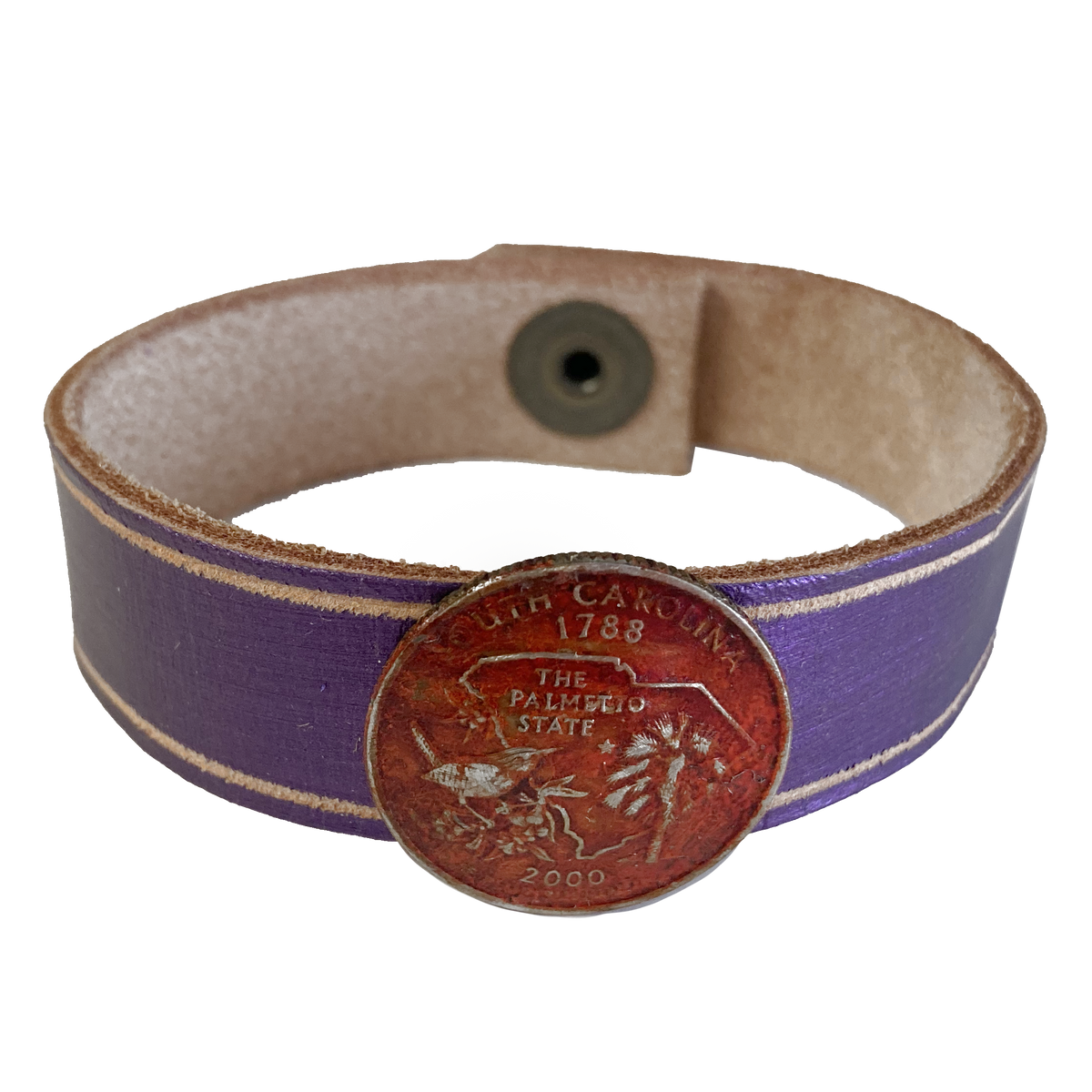 Old Money Genuine Leather Purple with Outer Stripes Thin Bracelet with State Coin in Orange