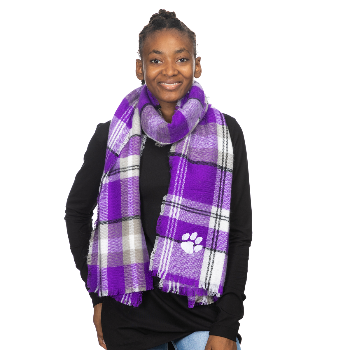 Clemson Purple and Grey Plaid Blanket Scarf with White Paw