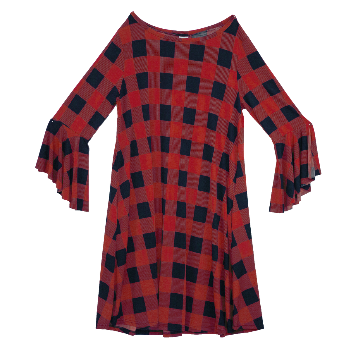 Red And Black Buffalo Plaid Side Pocket Tunic Dress with Ruffle Sleeve