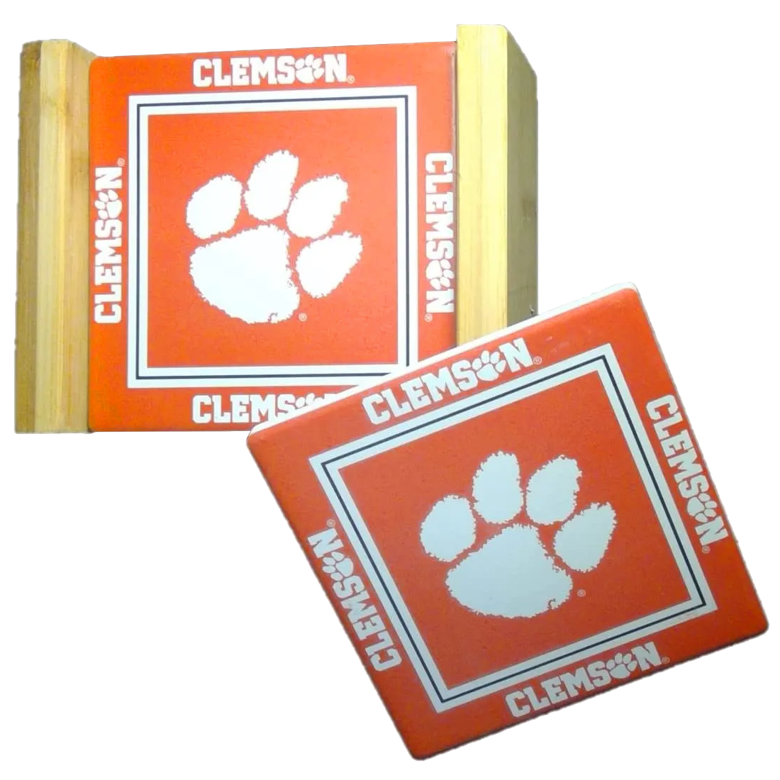 Clemson Tigers Logo Coaster Set in Woodlook Holder