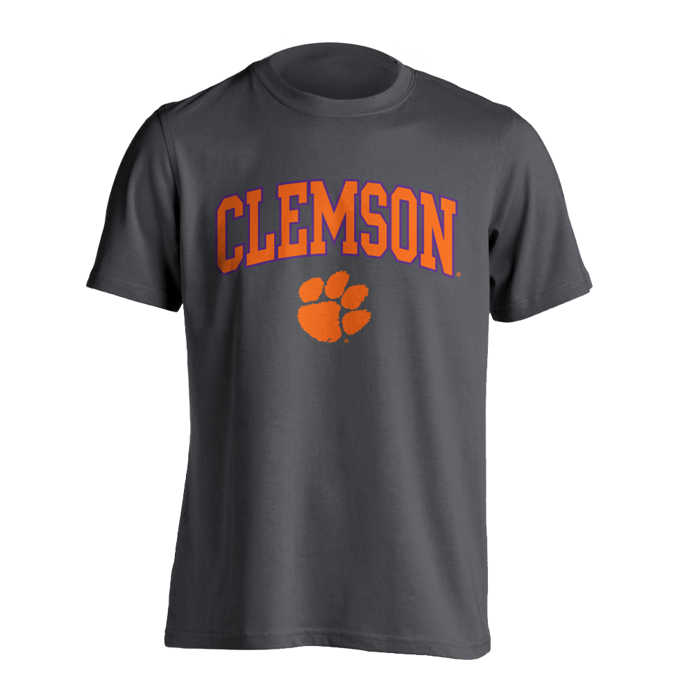 Clemson Orange and Purple Arch and Paw Tee - Charcoal
