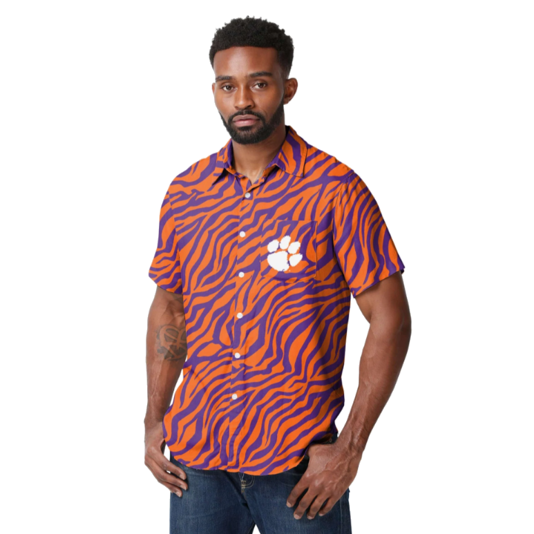 Clemson Stripe Thematic Button Up with Paw