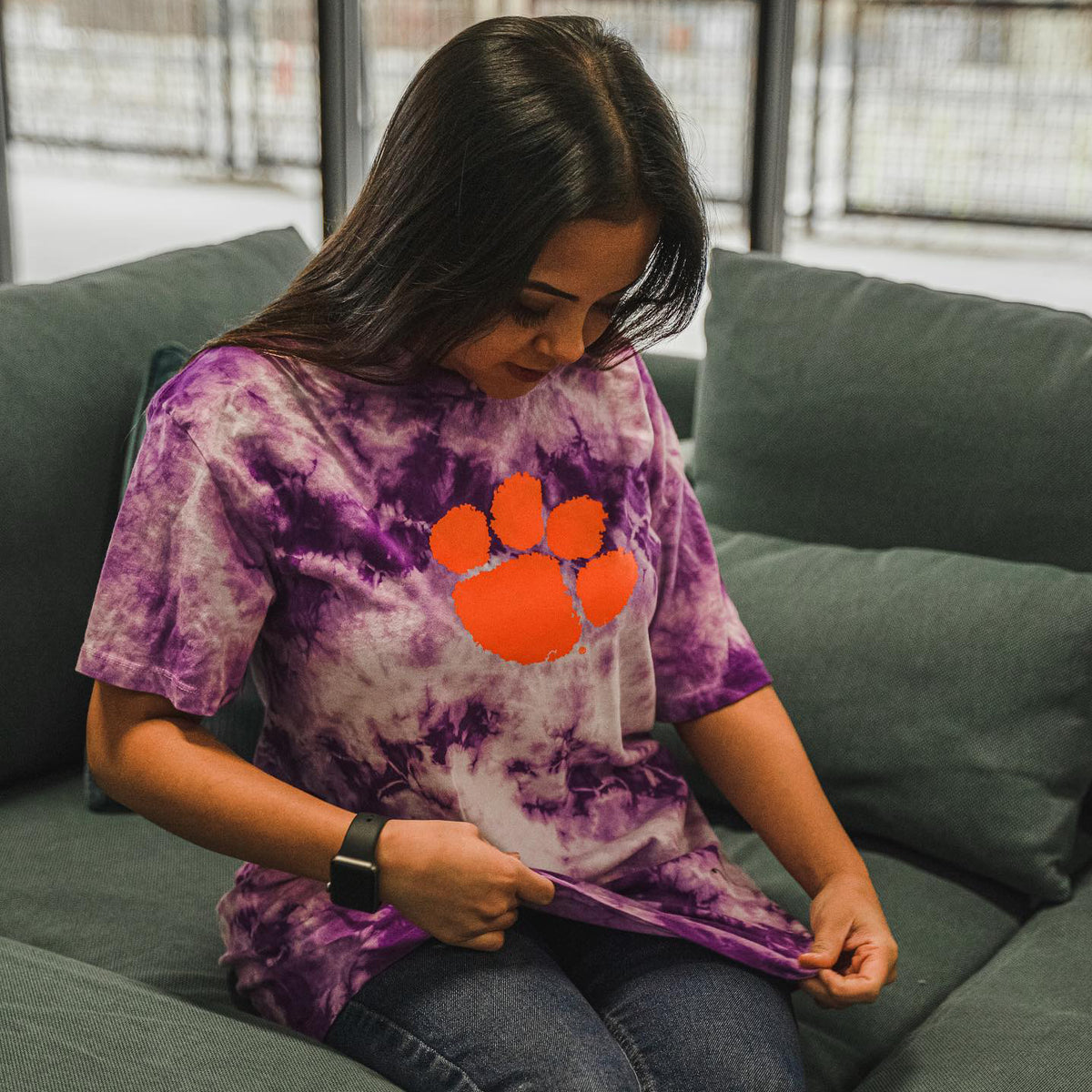 Clemson Purple and White Tie-Dye Tee with Paw
