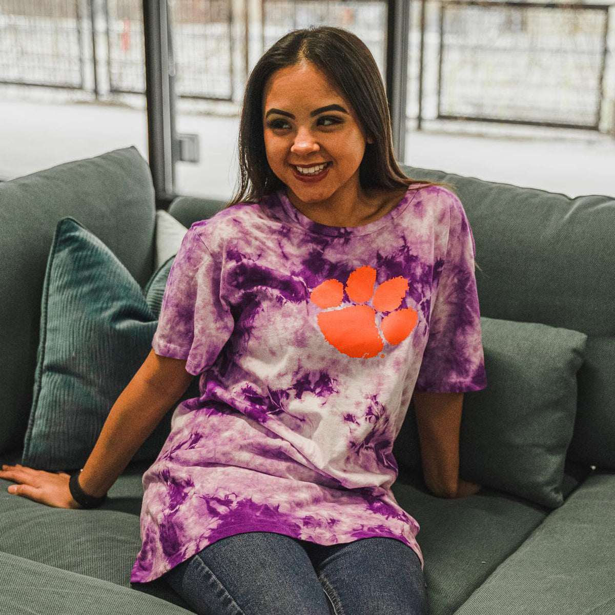 Clemson Purple and White Tie-Dye Tee with Paw