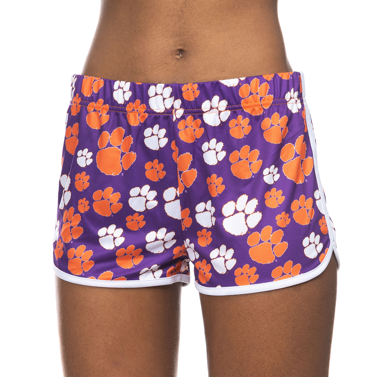 Clemson Purple Shorts with All Over White and Orange Paws