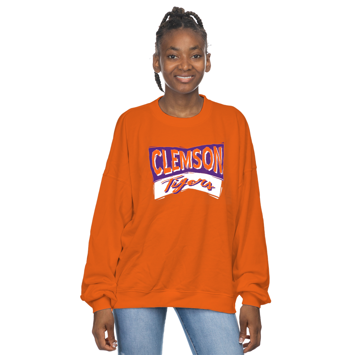 Clemson Oversized Orange Solid French Terry Crew with Purple and White Print