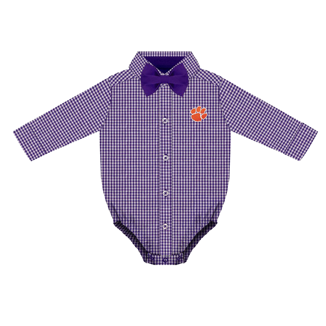 Clemson Purple Long Sleeve Gingham Button Down Bodysuit with Orange Paw