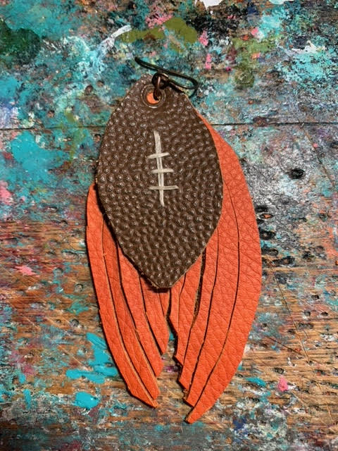 Old Money Genuine Leather Feather Orange Earrings with a Football