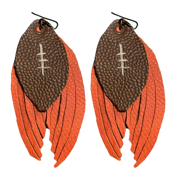 Old Money Genuine Leather Feather Orange Earrings with a Football